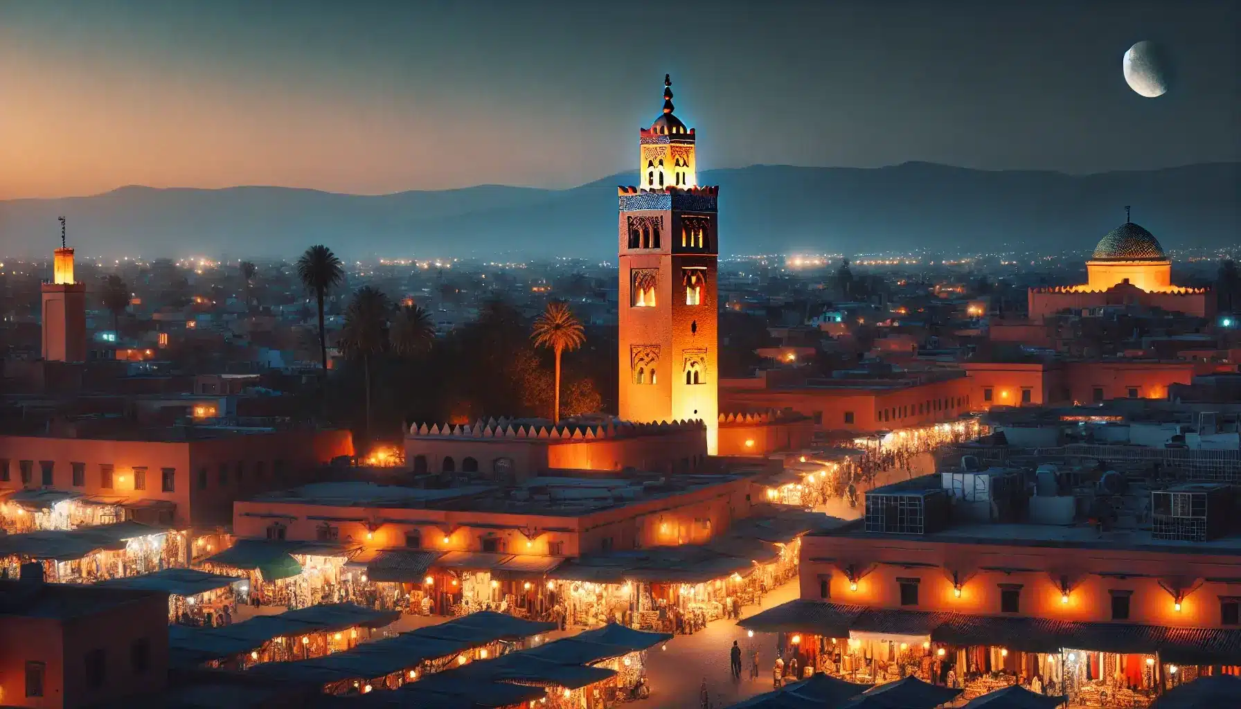 A serene night-time photograph of Morocco, featuring popular tourist spots. The image shows the Koutoubia Mosque softly illuminated against the evening