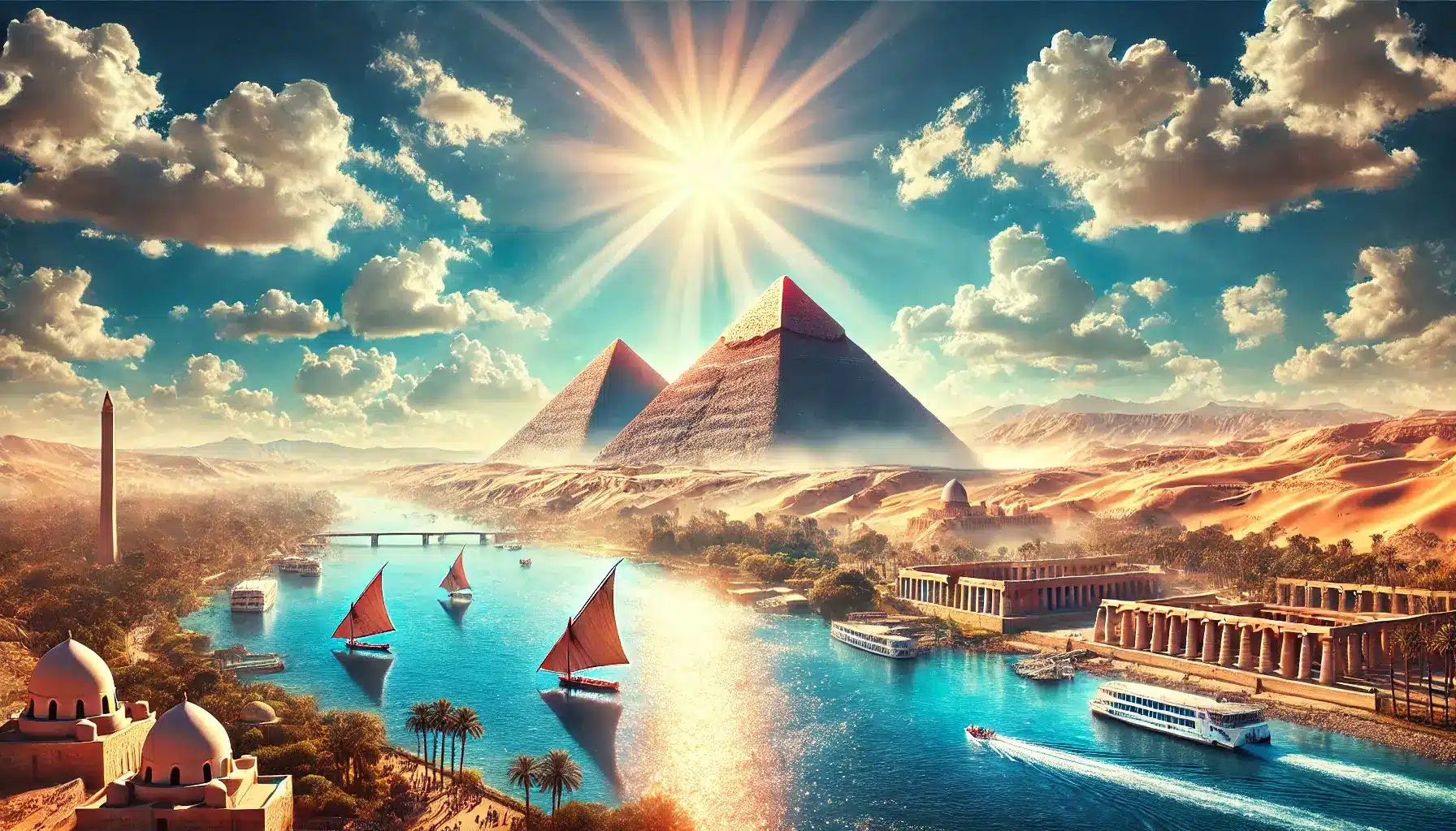 Egyptian : A stunning, high-quality photograph of Egypt's most famous landmarks on a perfect sunny day. The Pyramids of Giza stand tall and majestic