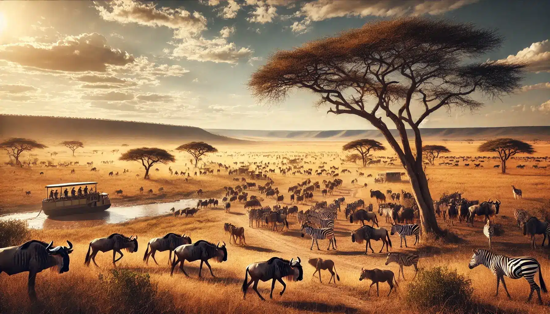 Africa-A stunning wide image of Serengeti National Park in Tanzania, capturing its vast open plains and iconic wildlife. The scene features herds of wildebee