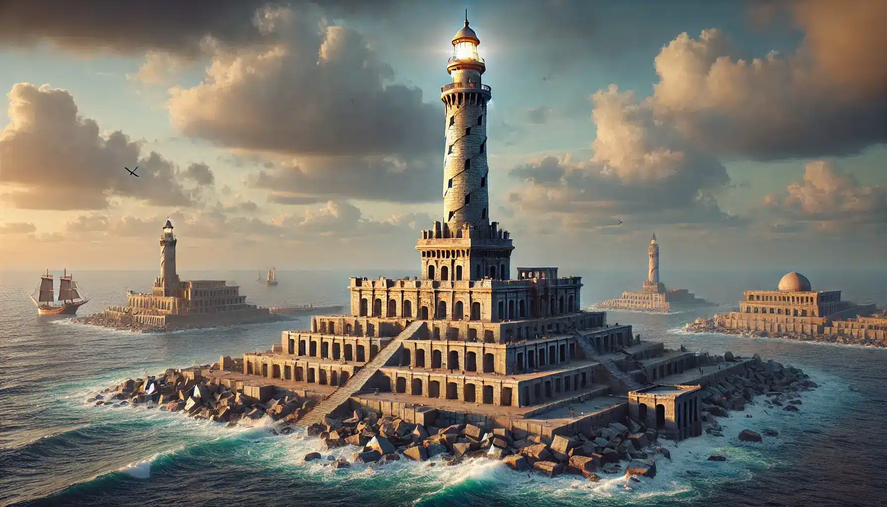  A realistic depiction of the Lighthouse of Alexandria, one of the Seven Wonders of the Ancient World, set on the island of Pharos. The lighthouse tower.