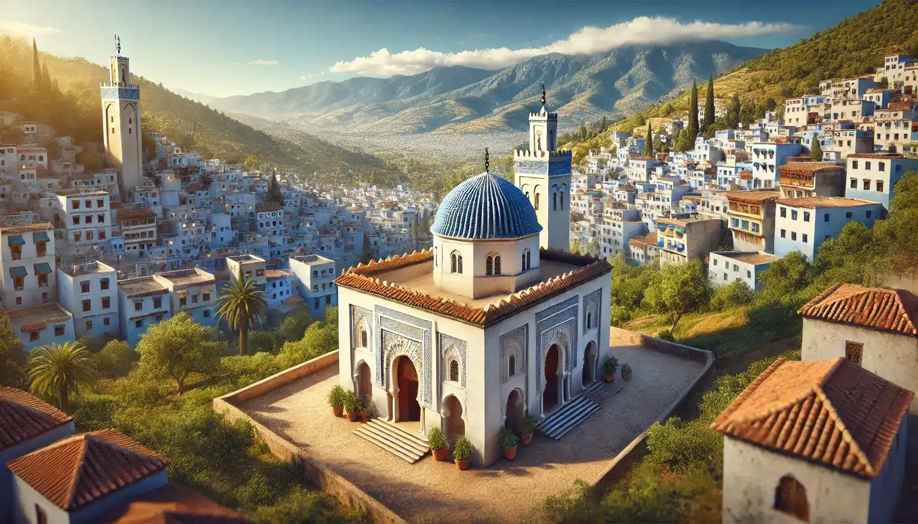  A realistic wide-angle view of the Spanish Mosque in Chefchaouen, Morocco. The mosque is positioned on a hill overlooking the famous blue city, 