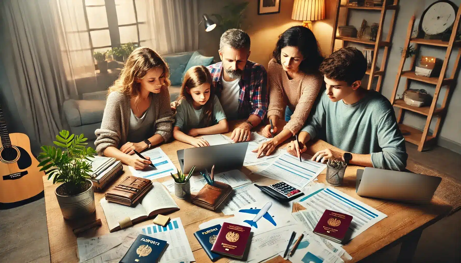  A small family working together around a table, focused on documents, financial papers, passports, and a laptop in the center, along with a calculator