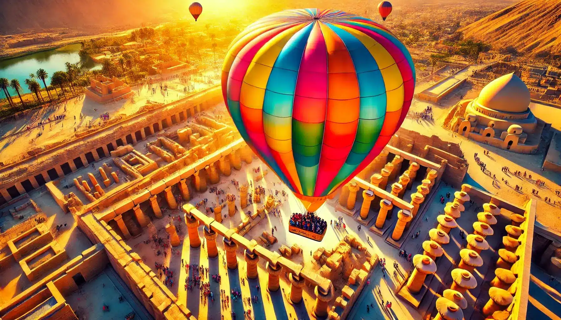 A colorful close-up of a hot air balloon ride above the Karnak Temple Complex in Luxor, Egypt. The hot air balloon features bold, vivid colors 