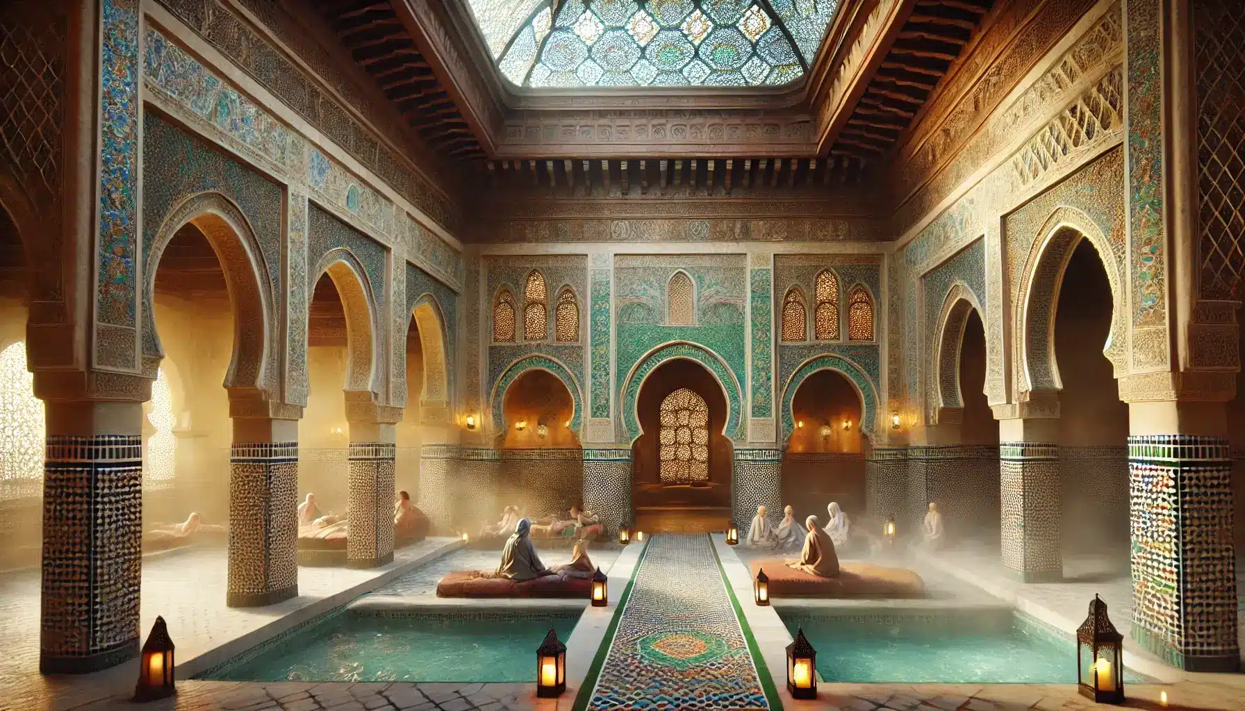 image of a traditional Moroccan hammam in Fes. The interior is softly lit with ambient, natural light reflecting off intr