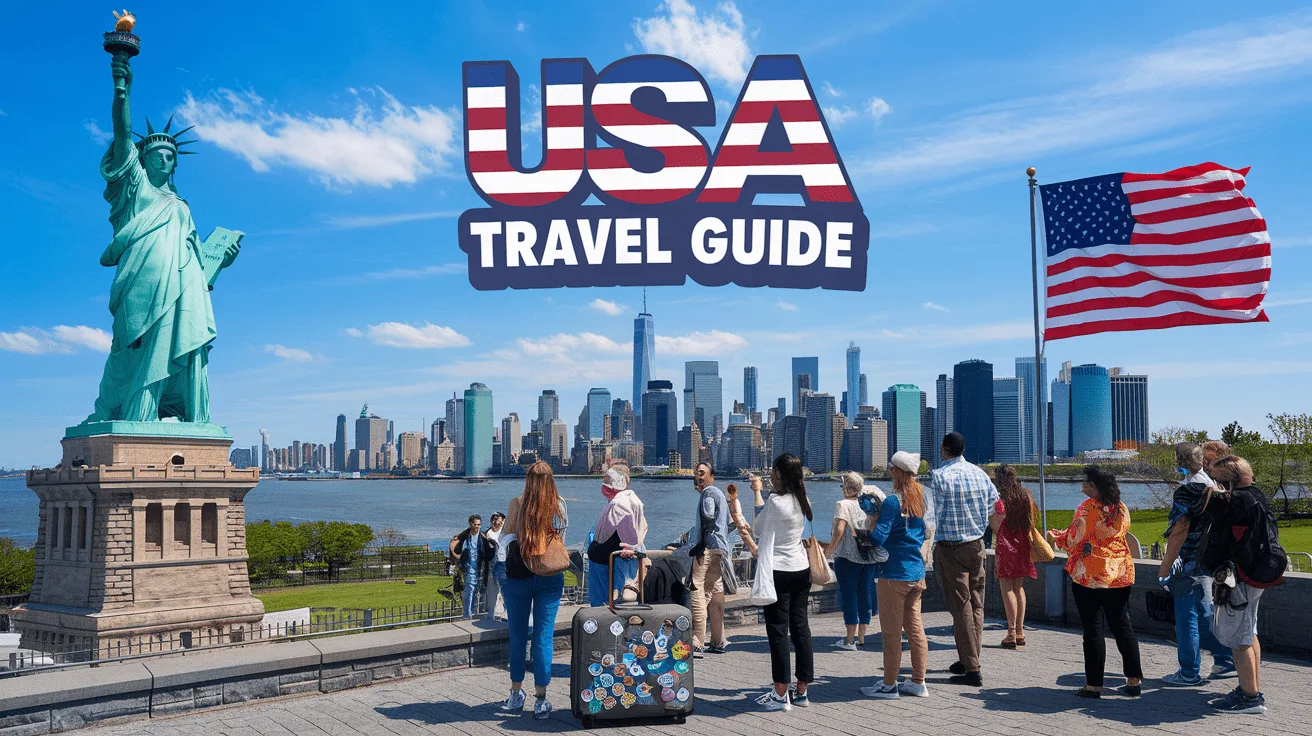 Group of people Standing Beside U.S.Flag and Watching Statue Of Liberty