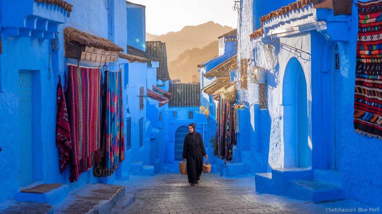 Lady carrying the goods in her hand in blue City of Chefchaouen