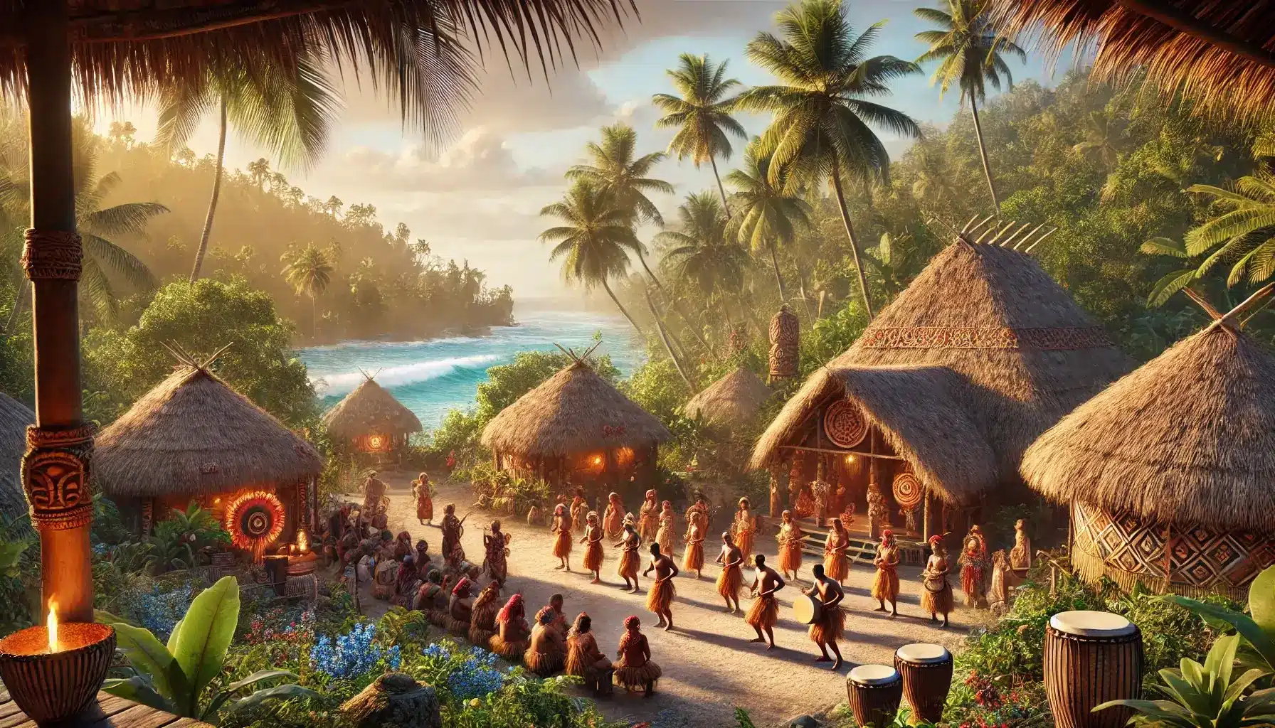 depicting the rich cultural heritage of Oceania. The scene includes a traditional Oceanian village with People Dancing