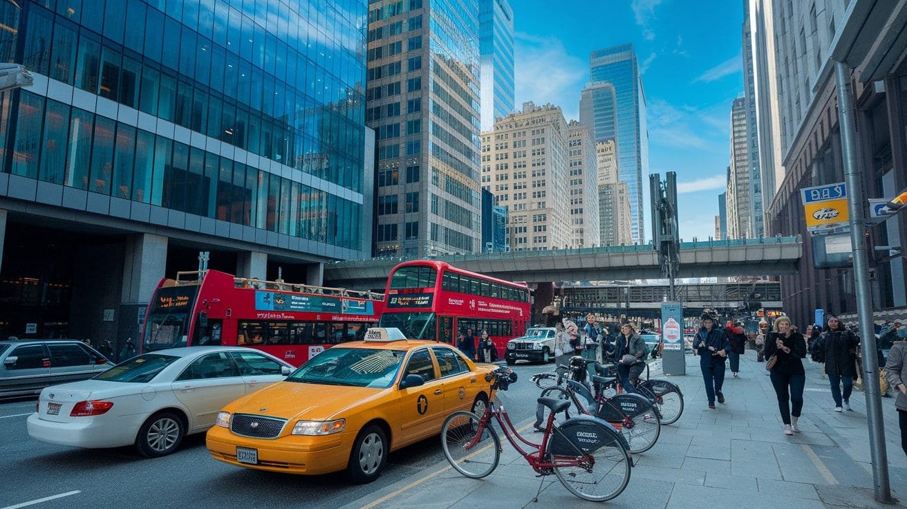 Transportation Options Taxis , busses pedestrians and cars on road Between tall Buildings