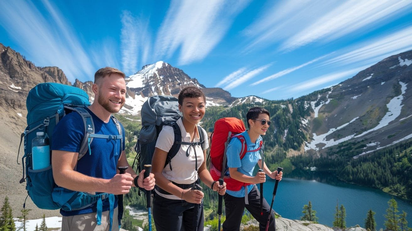 Outdoor Adventures three people with their back bags and holding Sticks climbing the mountain