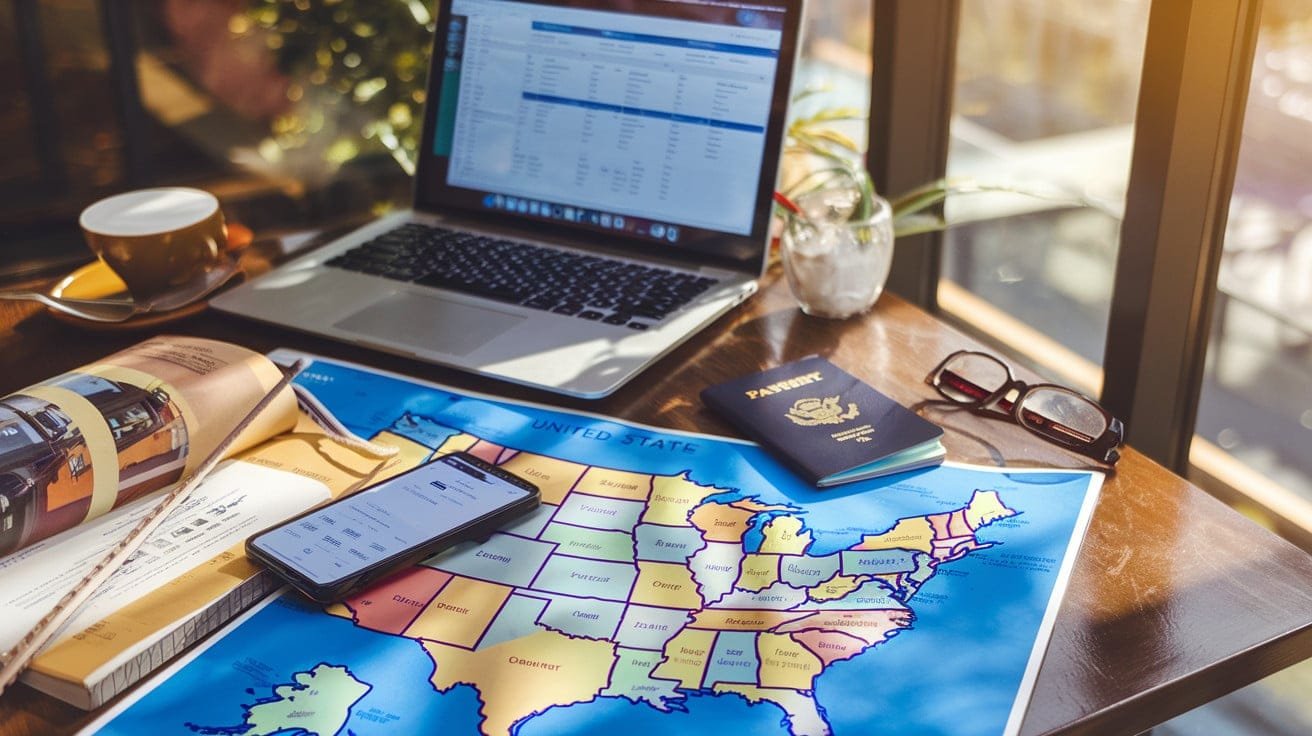 Planning Your U.S. Trip- Laptop , passport mobile and Map with Specticle on Table