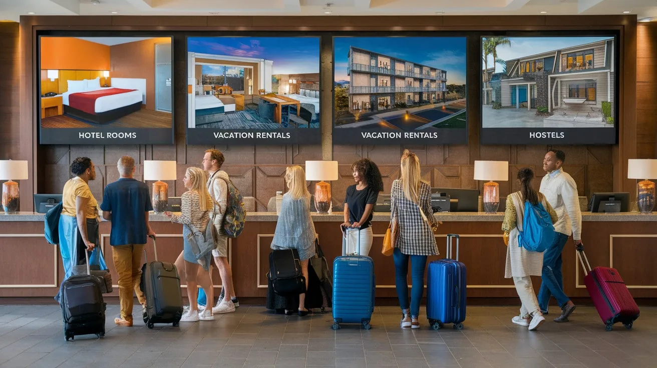 Accommodation Options - Counter for Different Types Of hotel Bookings and People There with Their Luggage