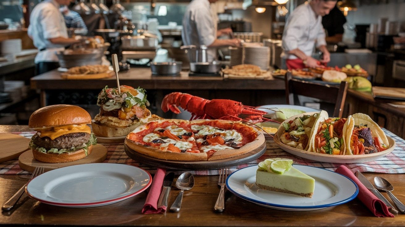 Culinary Adventures- Different Types of food Items placed in Plates on table and Behind it few Cookes preparing Food