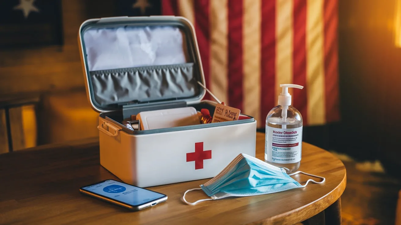 Safety and Health- a First Aid Bag On Table with Mobile and Mask