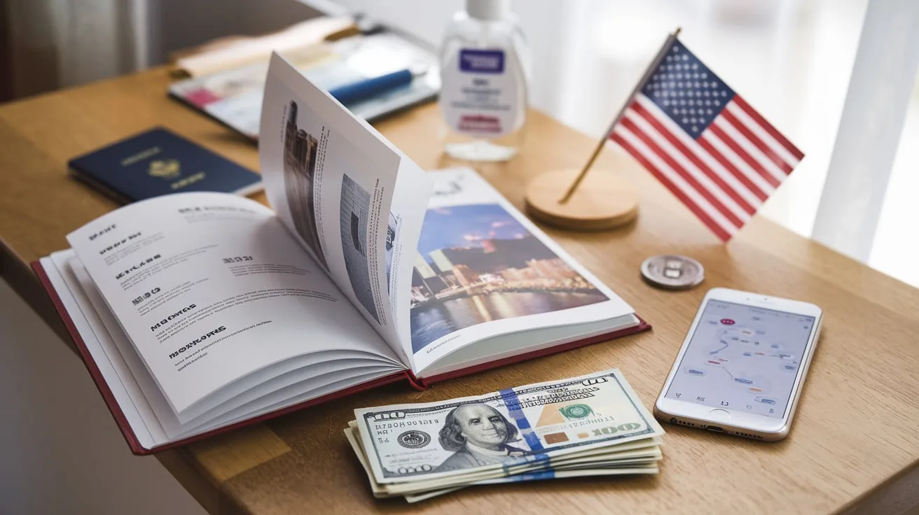 Practical Tips- a Book , small Flag of Us some Dollars Passport and Mobile 