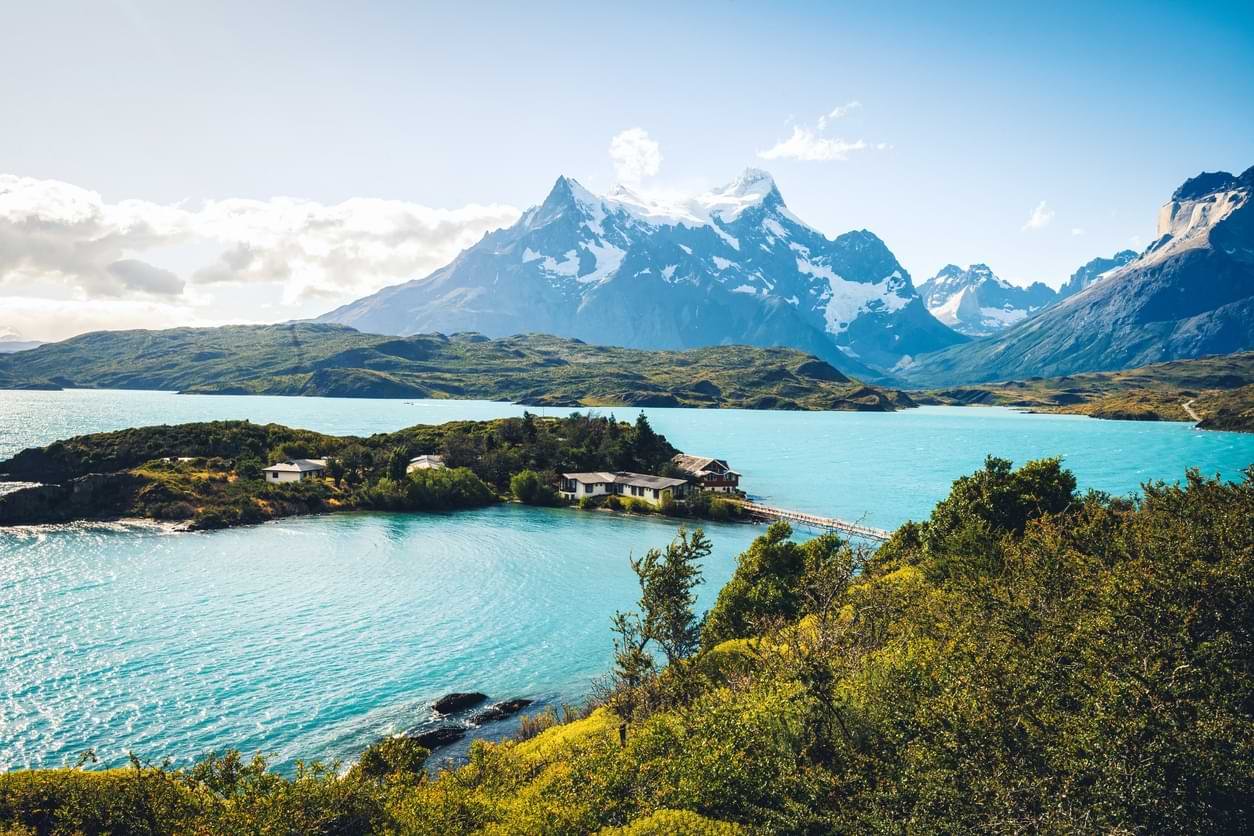 South America- high-angle-view-on-lake-pehoe-in-front-of-majestic-panorama-of-Mountain-range-in-Torres-del-Paine-national-park-Patagonia-Chile