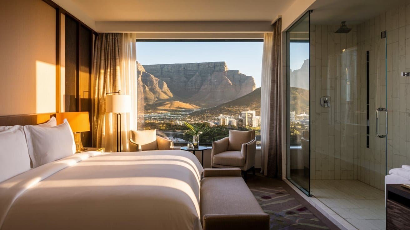 a hotel room with bed .two comfortable chairs a wash room and a Mountain view out side from window