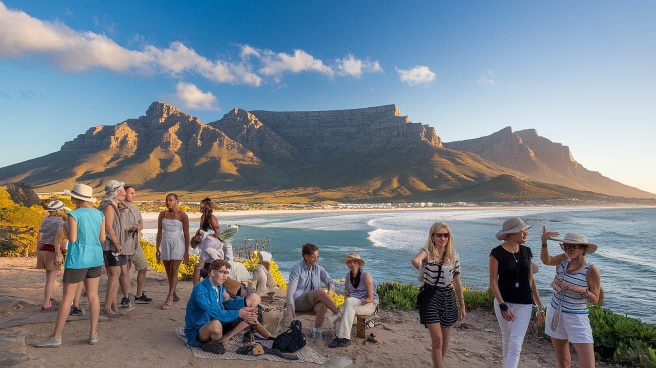 Few Boys and Girls Tourist some sitting and some talking in Groups near water body