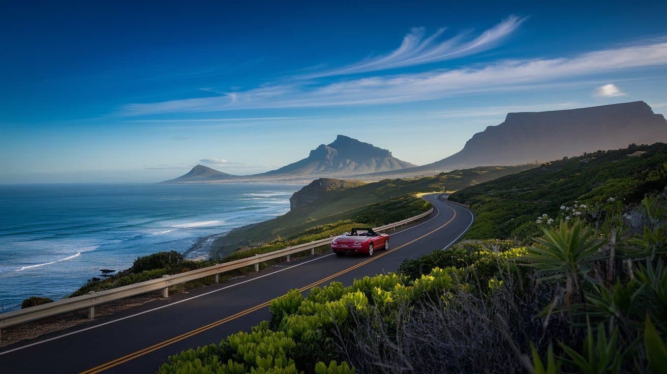 a Red colored car running on a clear highway road on one side and ocean on other side
Day Trips from Cape Town