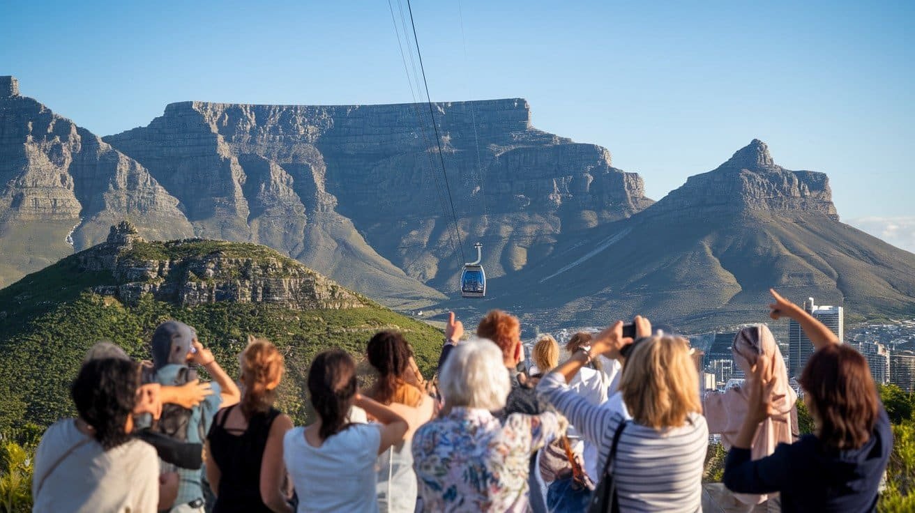 a group of People Taking the pictures of Rope way between the mouintain