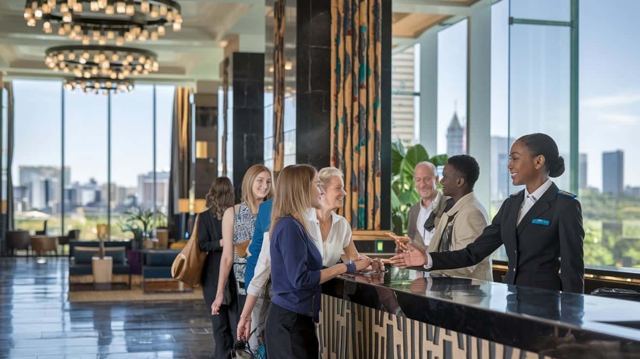 Where to Stay in Johannesburg Few People on Counter looks like a Hotel counter behind the counter one woman and two men standing