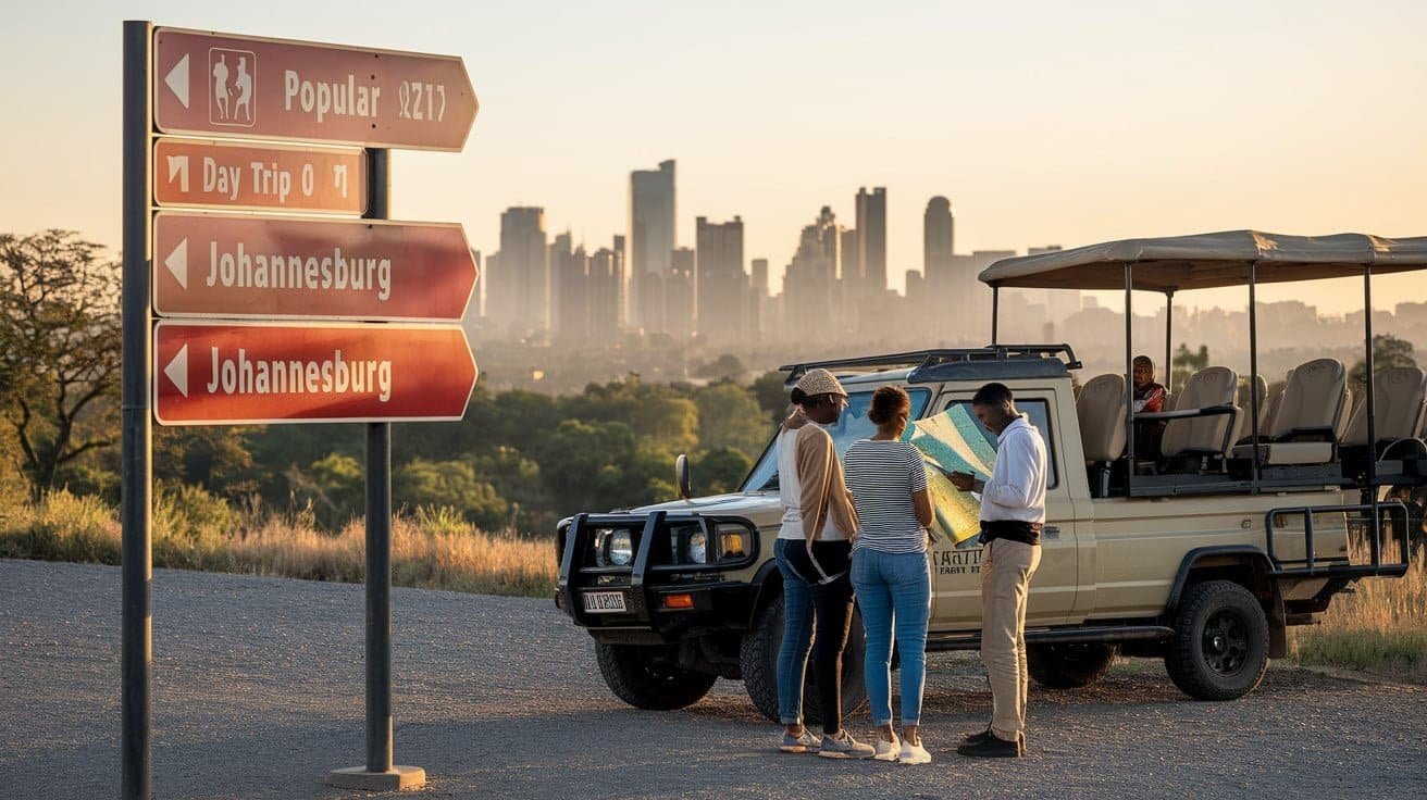 Day Trips from Johannesburg one Tourist open head vehicle and  two people standing and discussing with third one holding a map