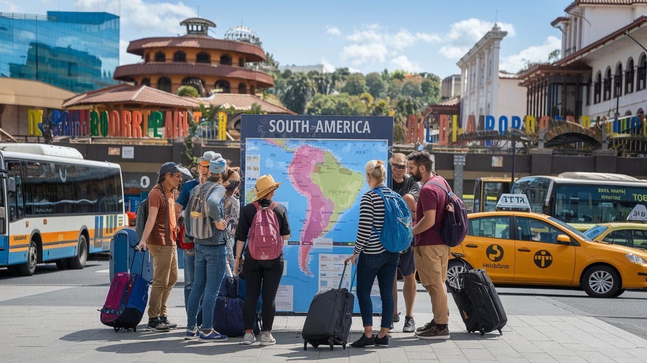 Getting Around South America - a city Square with Big Soth America Map and a Group of People standing around with Thier Luggage and Trolleys in there hand