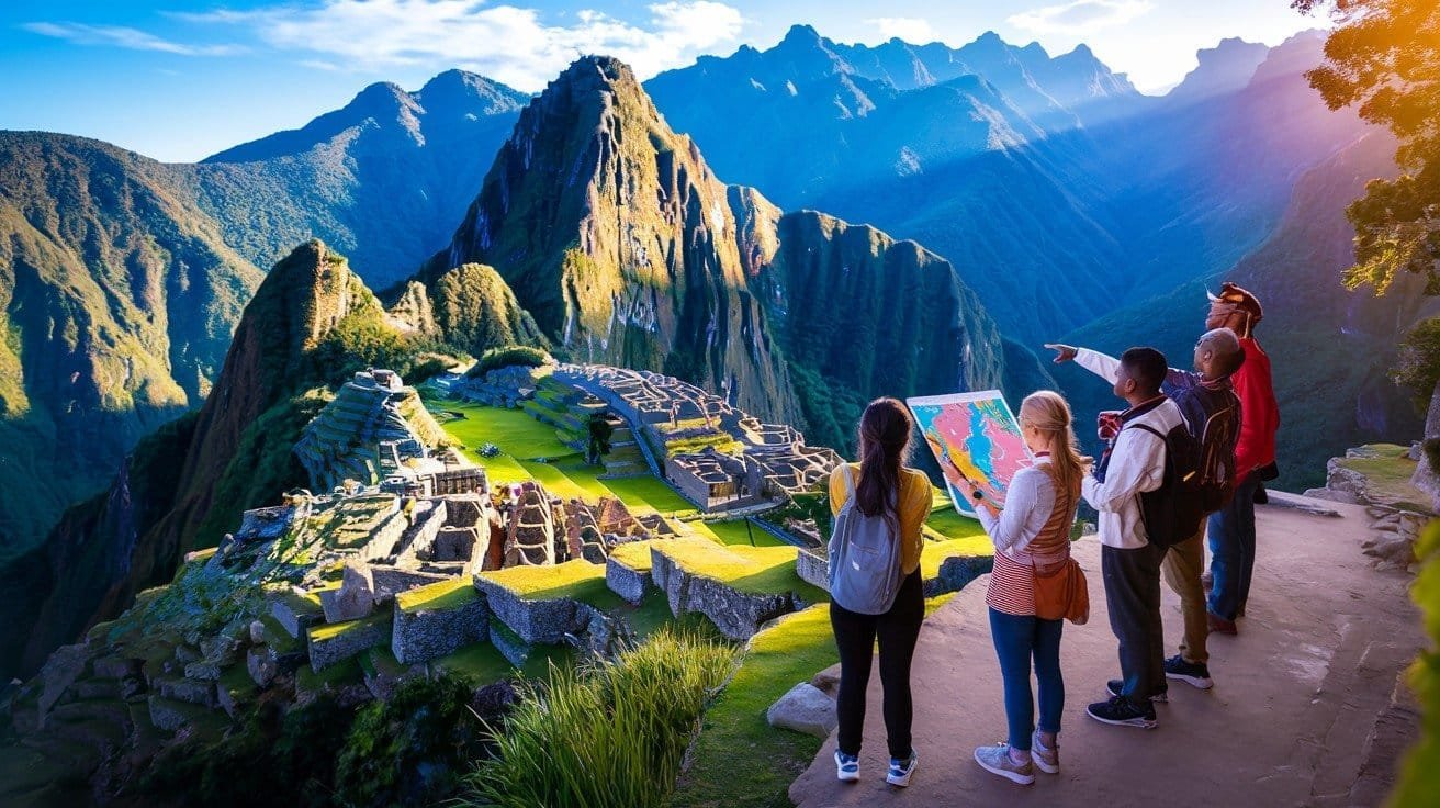 Machu Picchu, Peru Mountains and Old Civilization and few people Standing