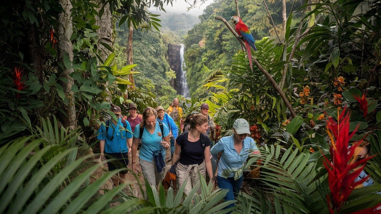 Outdoor Adventures and Activities group of People moving through the Jungle scene and a Parrot can be seen on the Tree