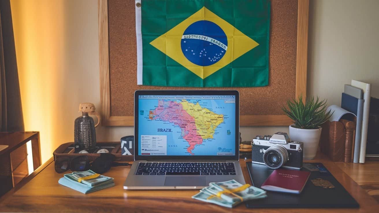 Planning Your Trip to Brazil - Laptop Showing the Map of Brazil Camera and passport on Table