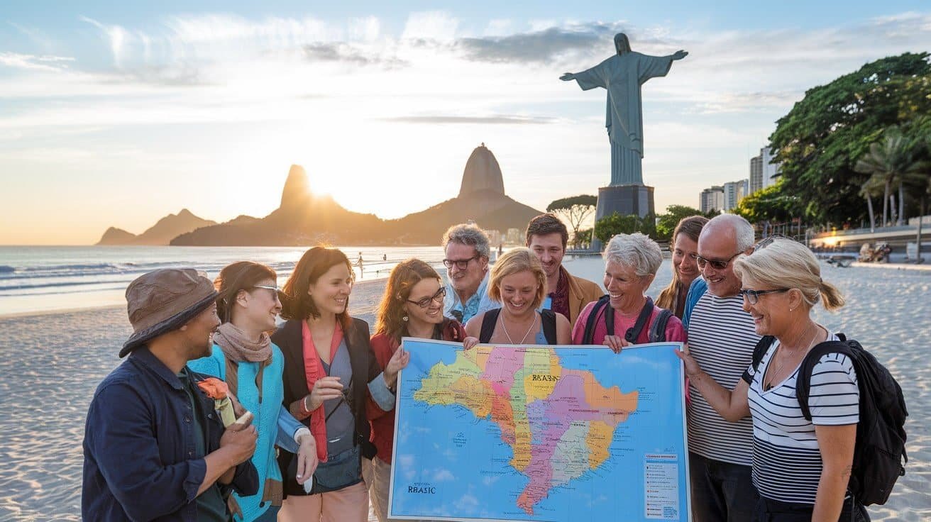 Group of People Standing a side of a Water Body Showing a Big Map of Brazil in front of a White Statue