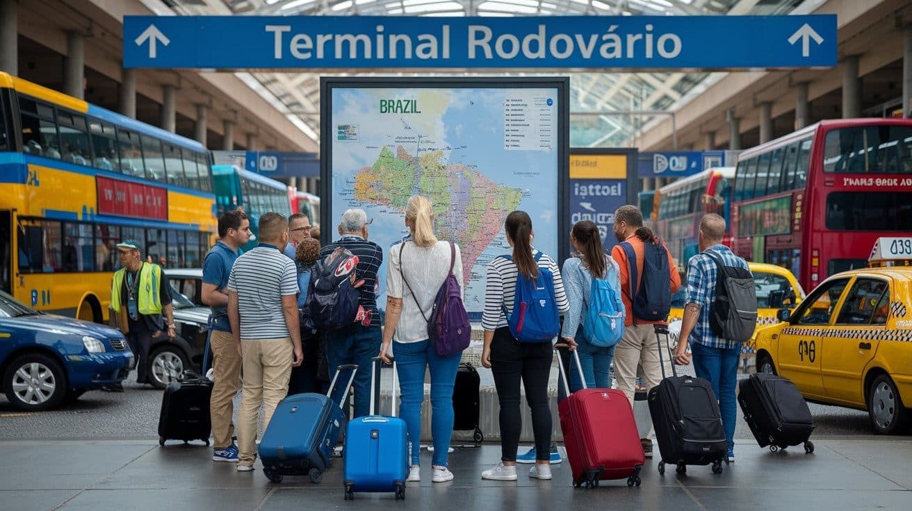 People standing and reading the Map of Brazil on Busy street with Buses and taxis around