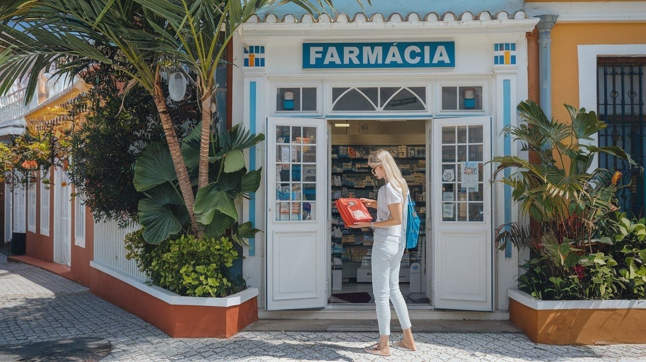 Safety and Health Considerations- a woman standing with the packet in front of Pharmacy in a building