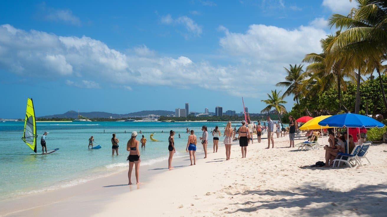 a group of people on a beach