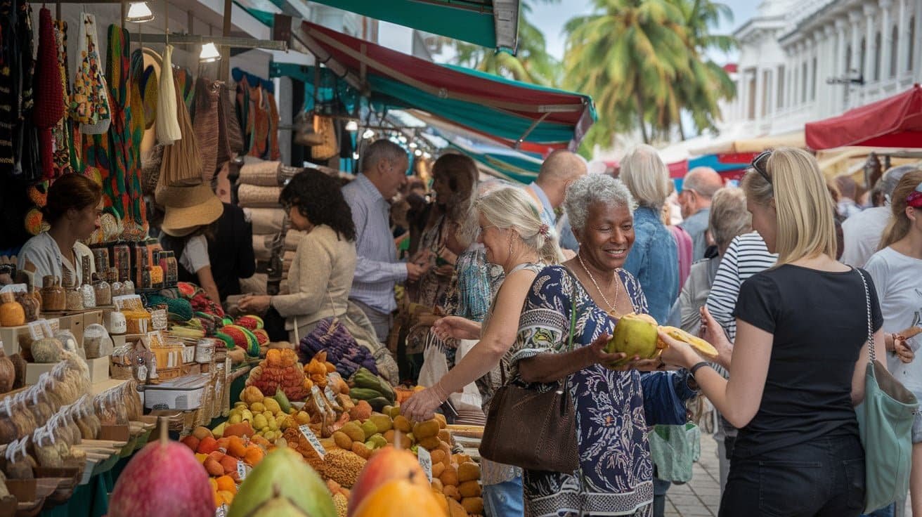 a group of people at a market