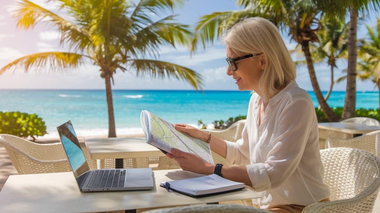 A lady with Spects reading a book sitting on Table with a Laptop looking as if Planning some thing Interesting