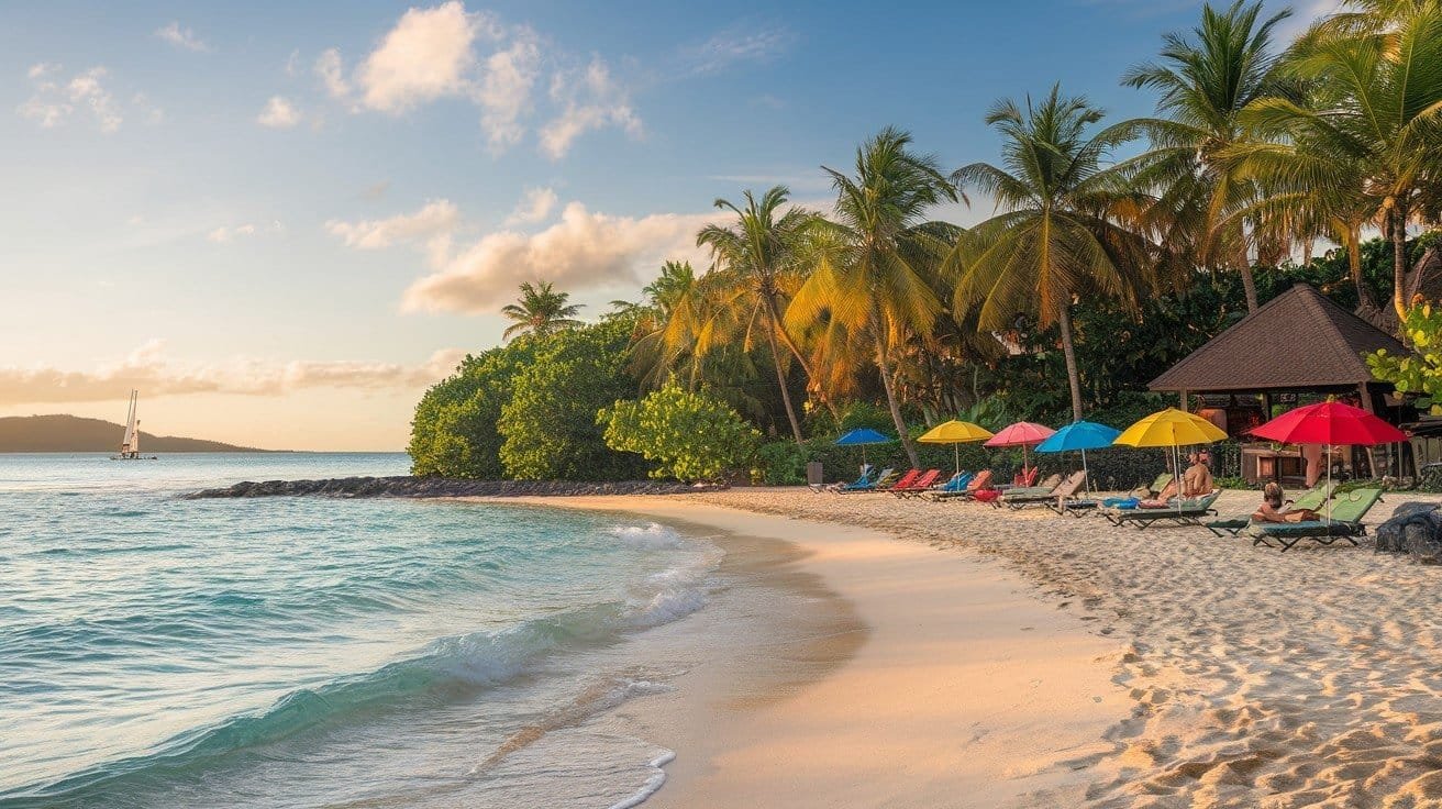 Beach Scene where few People are Relaxing on Chairs