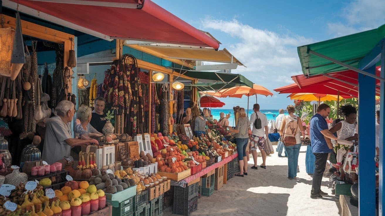 Street Maket with few Male and Females shopping next to Sea