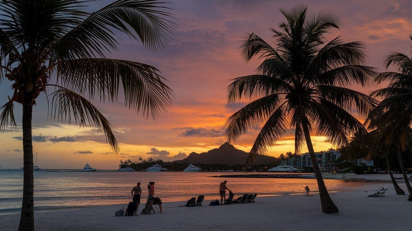 a Sun Set Evening Secene where few People are wining there Seats on a Beach Shore with 3-4 Pine Trees