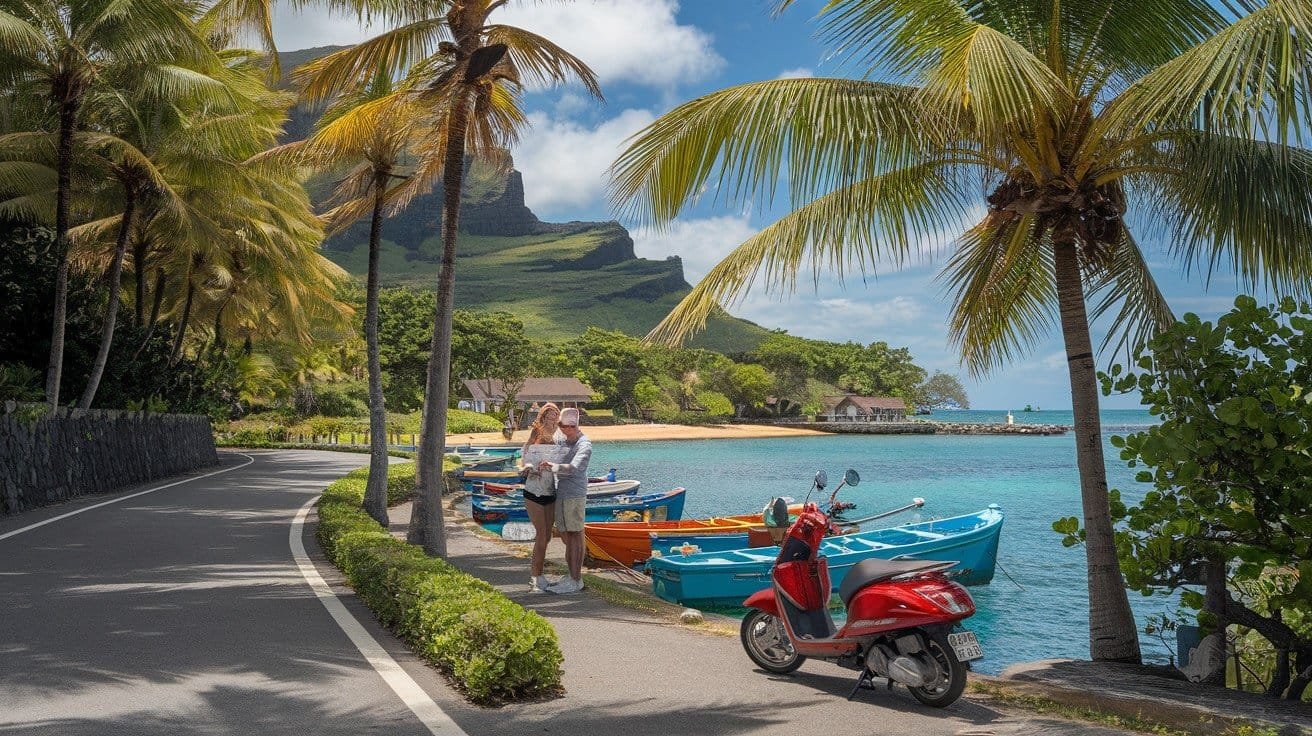 two people a Boy and a Girl Standing on a side road next to some Boats in water body/ Sea next to Red Colour Scooter