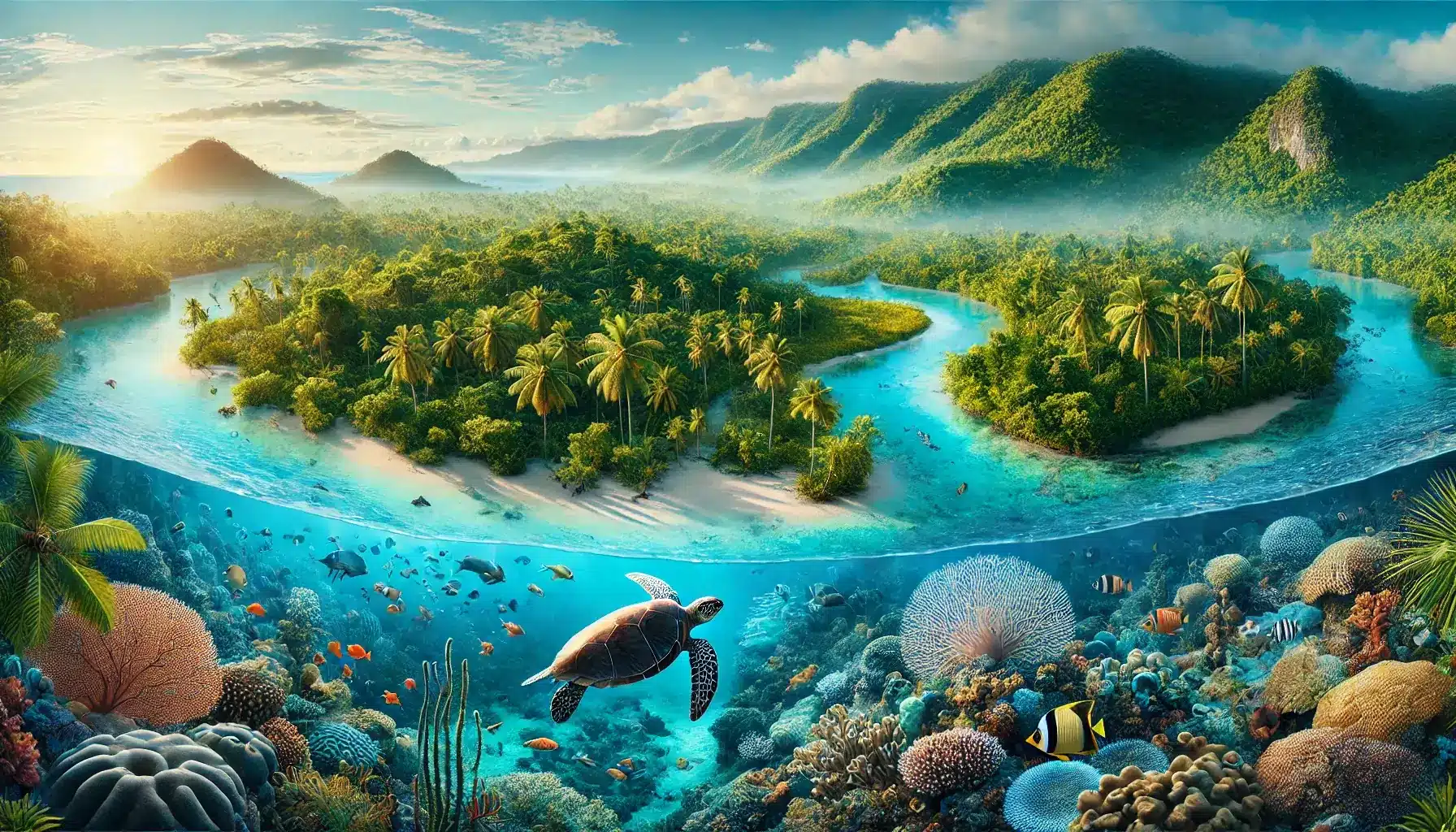  image depicting the importance of protecting Oceania's fragile ecosystems. The scene includes diverse landscapes