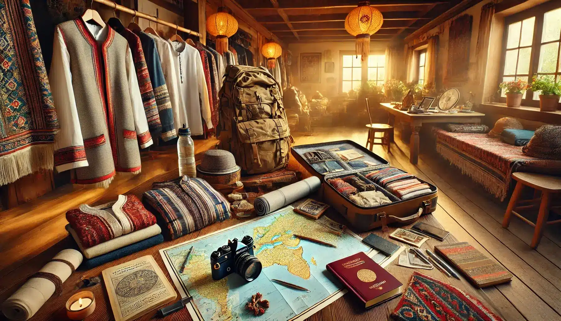  image depicting the preparation for a cultural journey, with travelers organizing essentials in a cozy, welcoming space