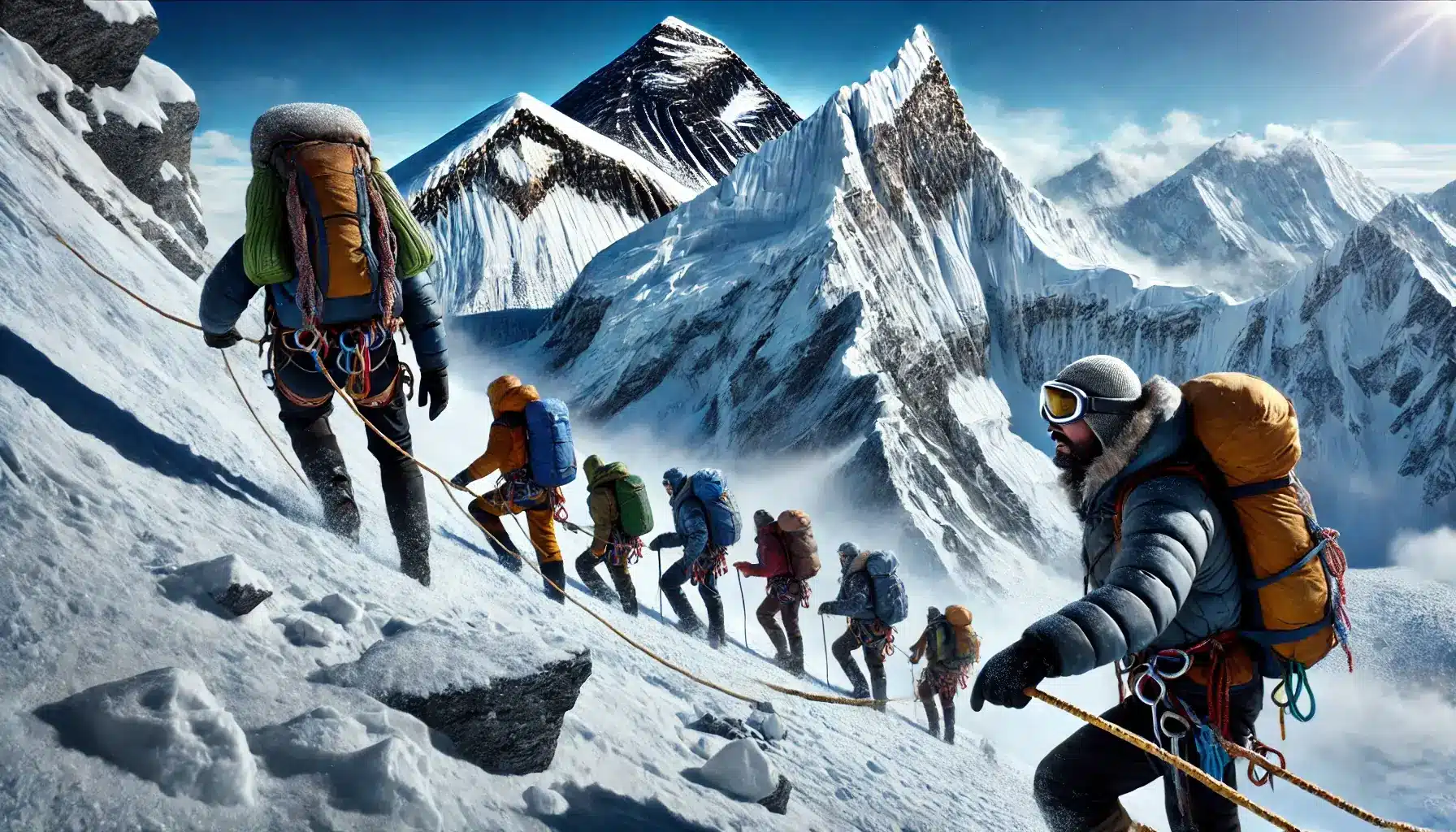 image of climbers on Mount Everest. The climbers are ascending the steep, snowy slopes, using ropes and wearing full climbe