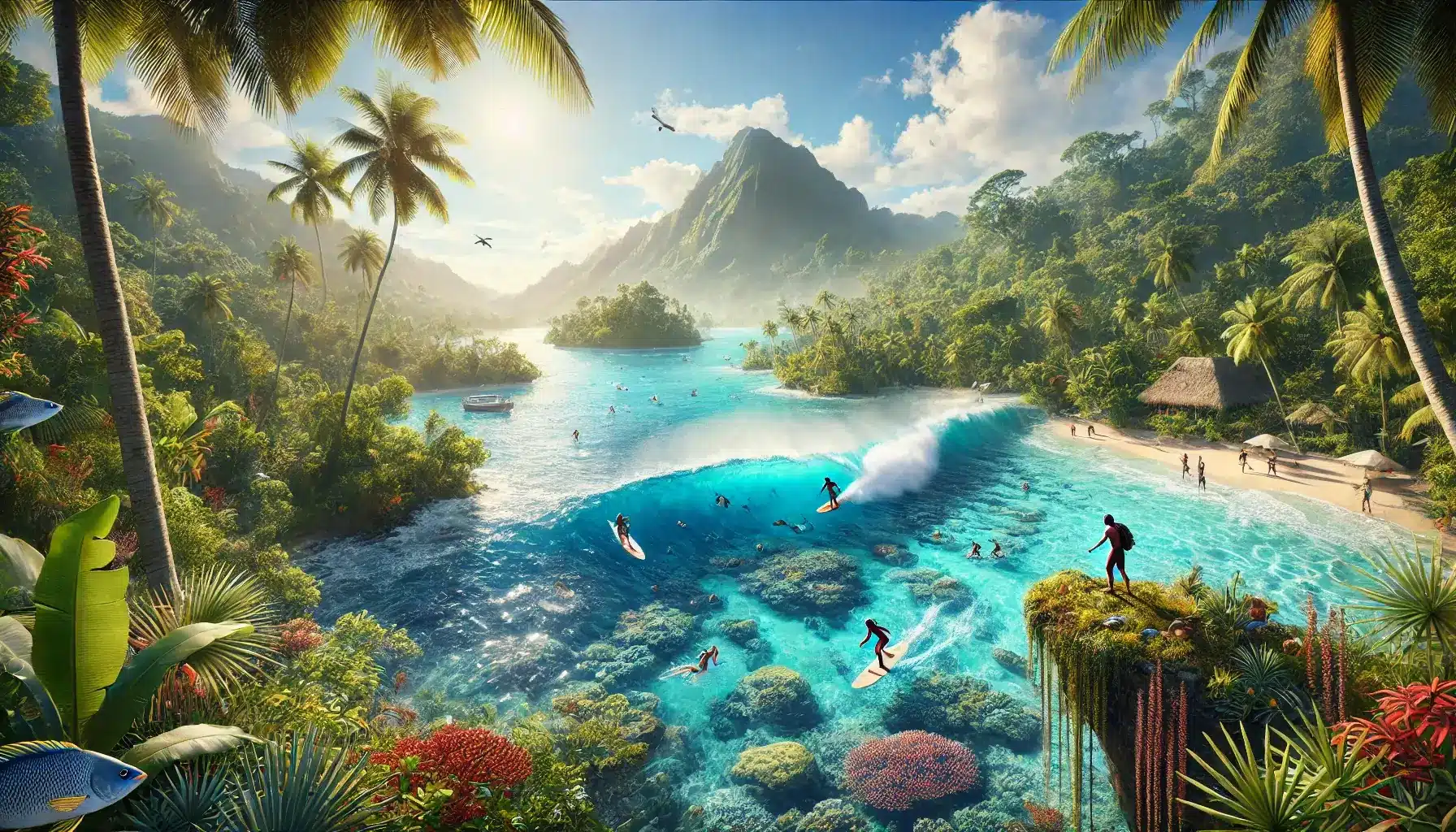 image of thrilling adventures in Oceania. The scene captures explorers in lush, tropical island landscapes 