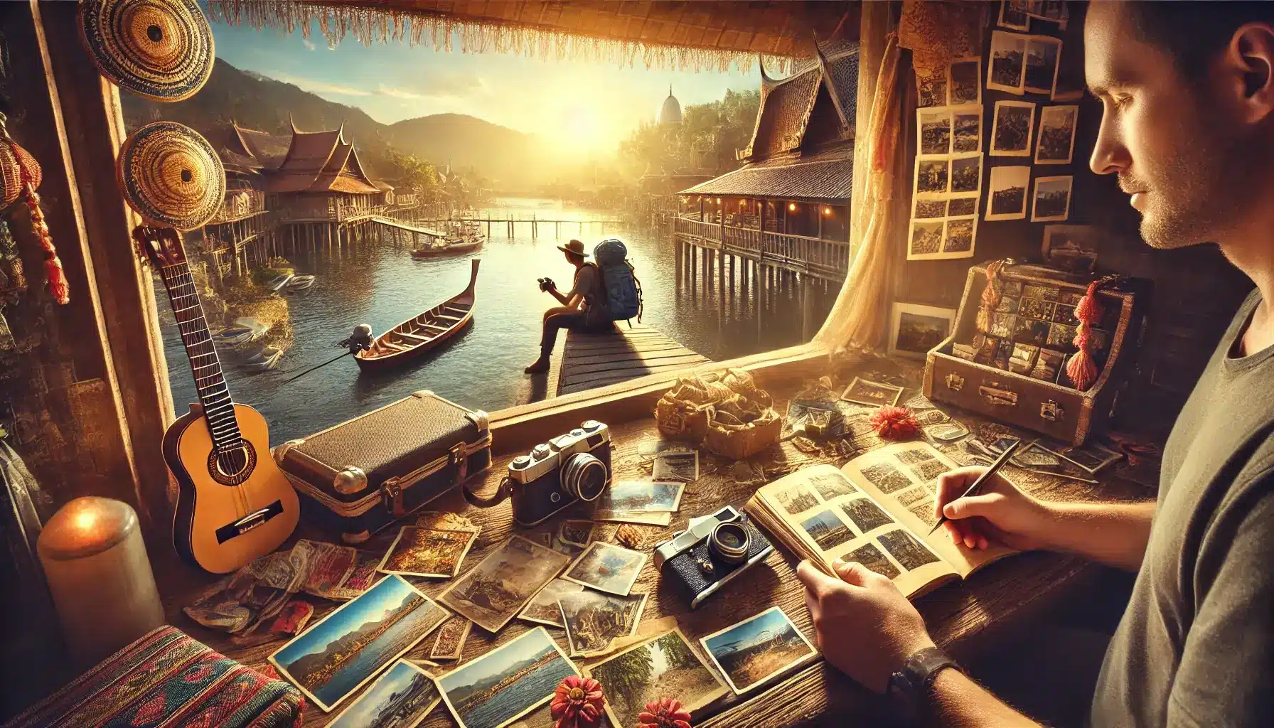 photorealistic image capturing the theme of preserving and sharing travel experiences. The scene shows a traveler documents his Experiences 