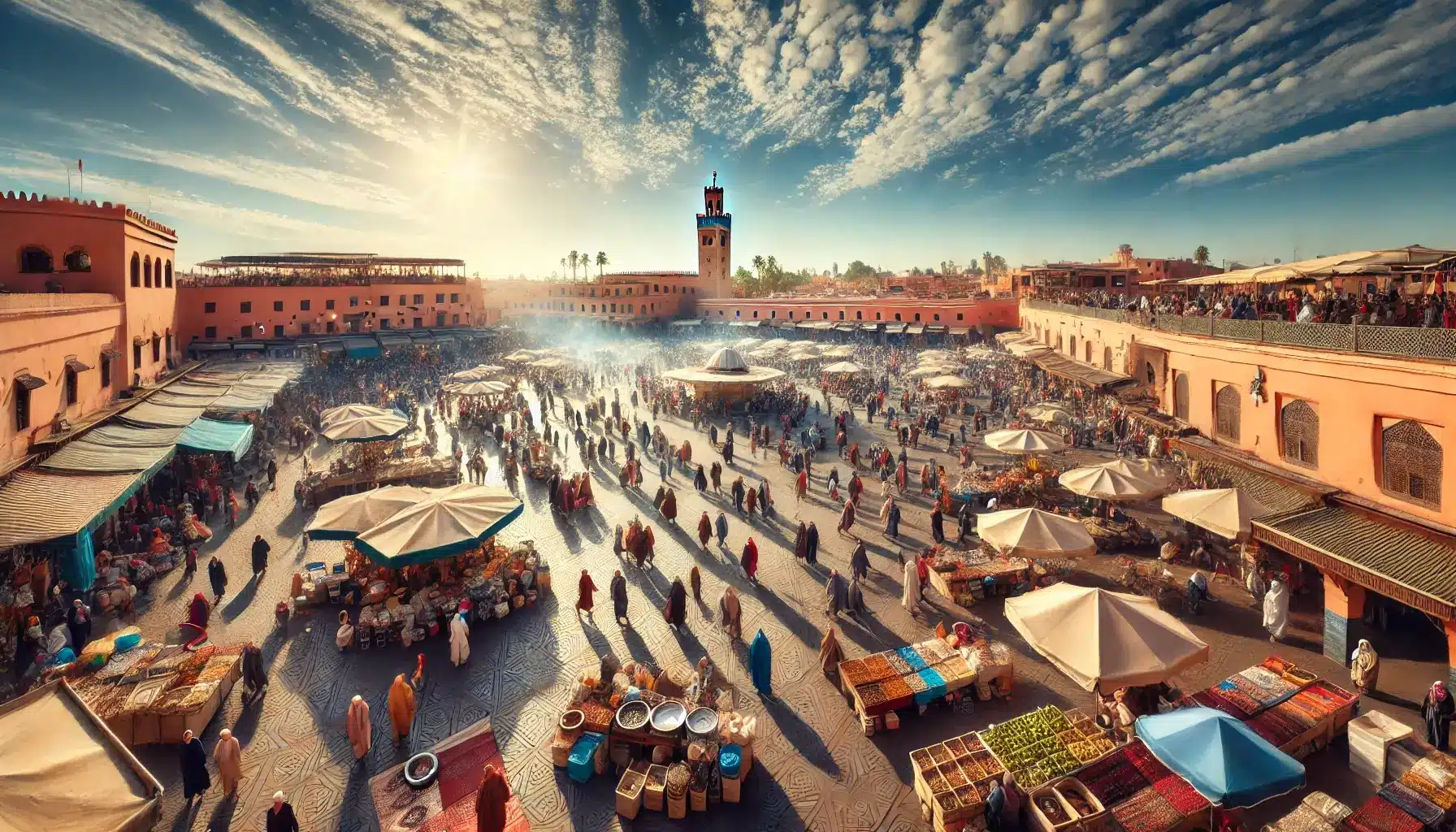 realistic wide-angle image of Jemaa el-Fnaa in Marrakech during the daytime. The square is filled with people walking around and exploring bus