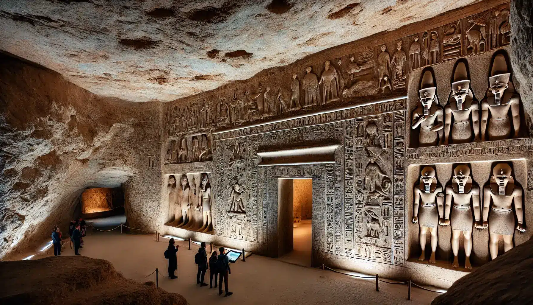  view of the Tomb of Queen Meresankh III in Giza, Egypt. The scene shows the entrance of the tomb, carved into rock with intricate ancient Egypt