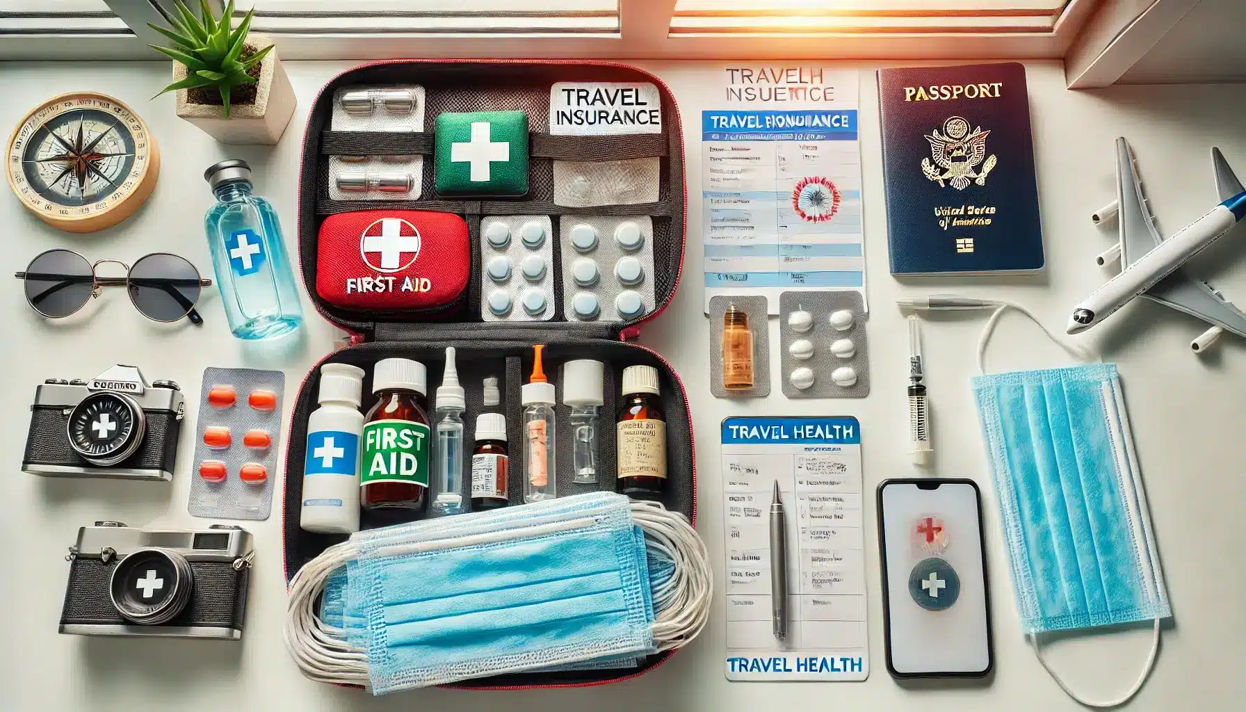 image depicting health and safety essentials for travelers. The scene includes items like a first aid kit, travel insurance