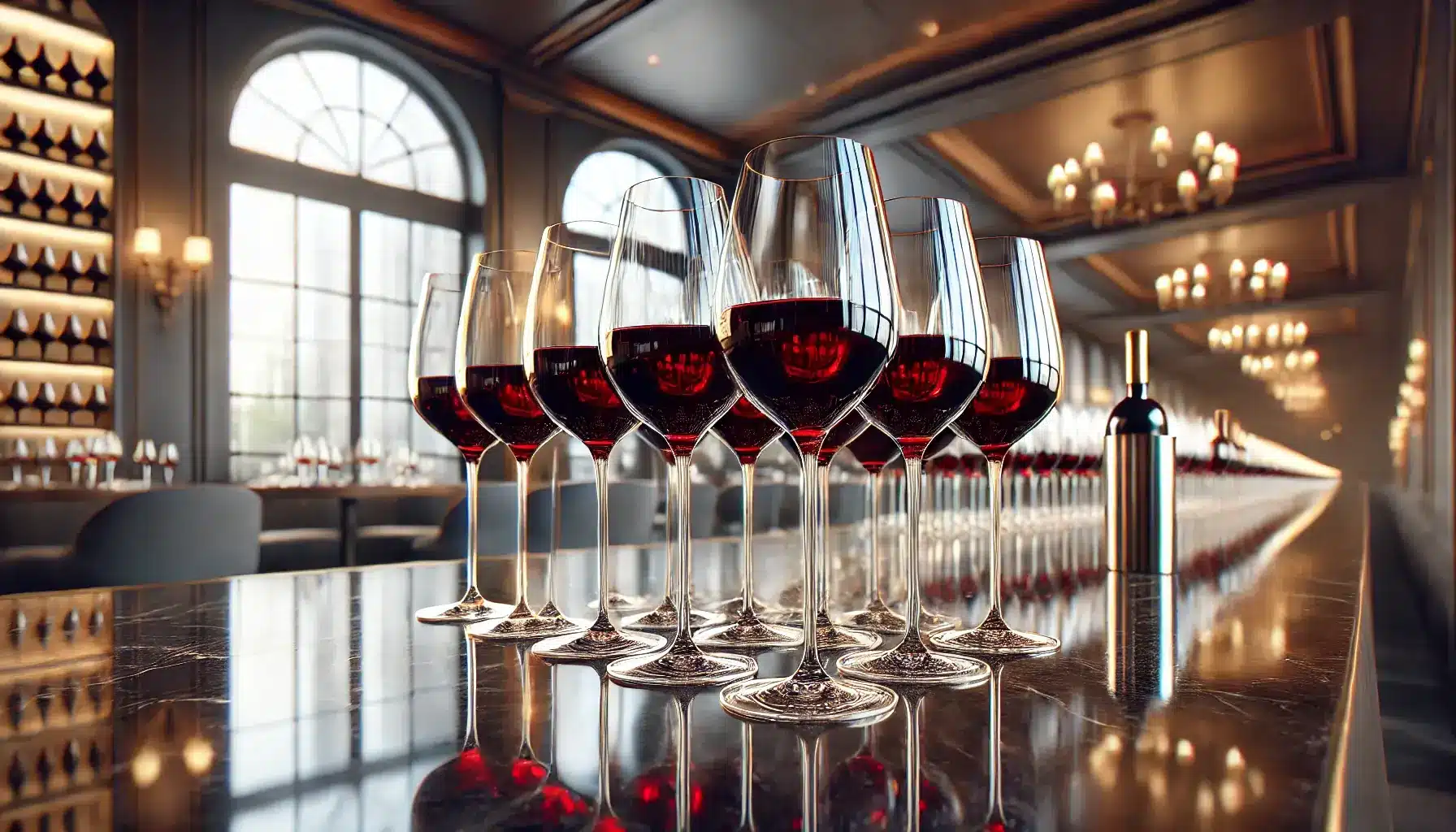  image of multiple wine glasses partially filled with rich red wine, arranged in an organized manner on a reflective Surface 