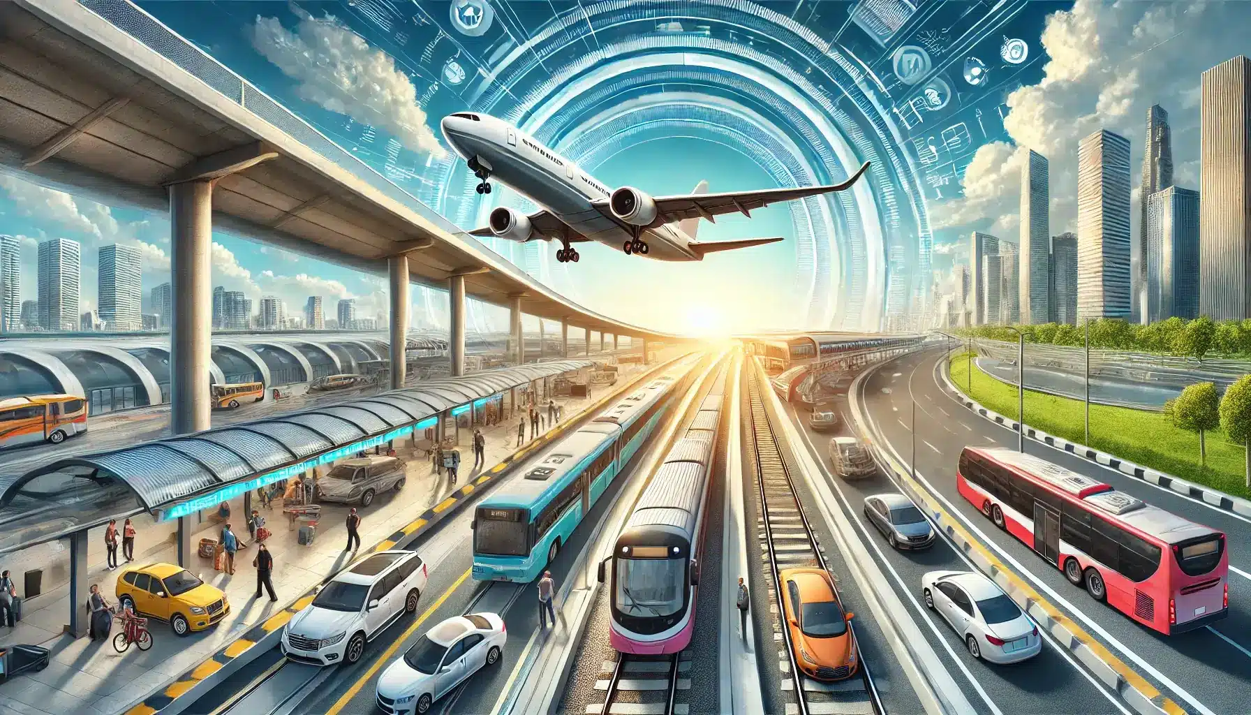  Image depicting various transportation options for travelers. The scene shows an airport runway with an airplane preparing to Fly , tram, taxi, buses 