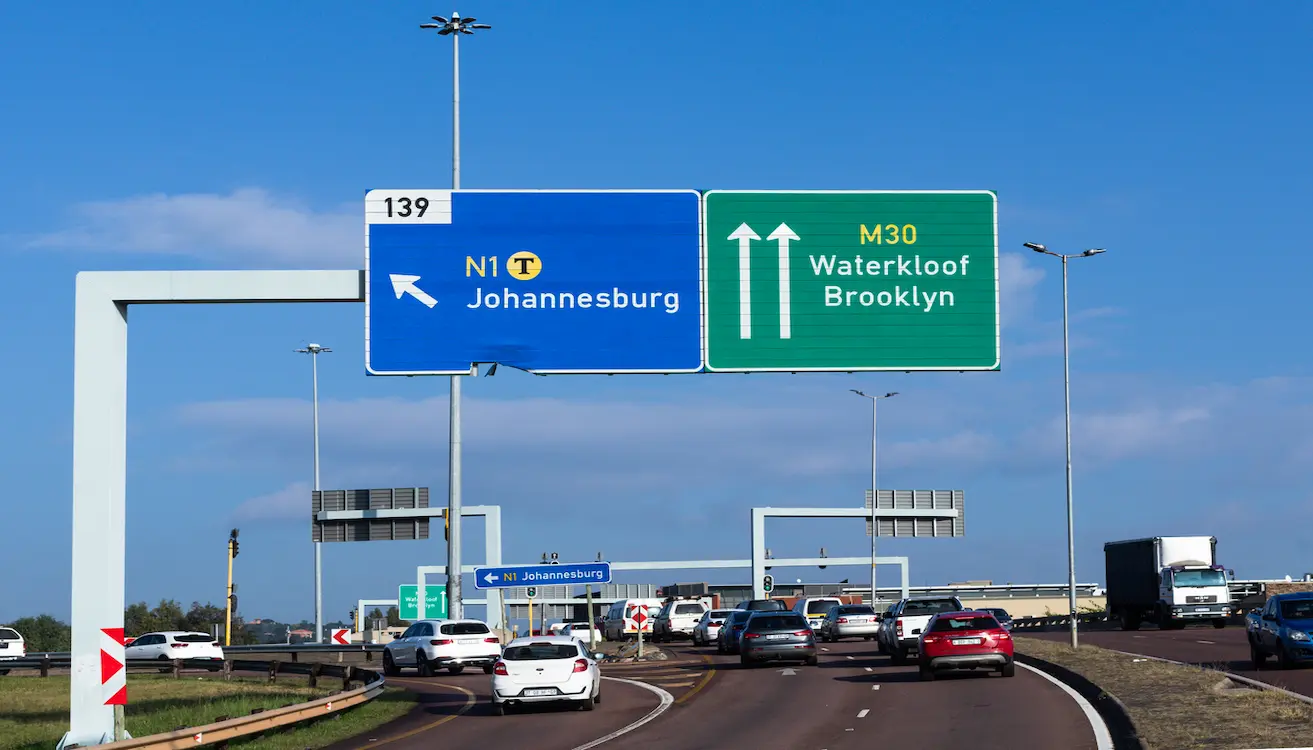 Overhead direction signs to Johannesburg, Brooklyn and Waterkloof on Garsfontein Road, Pretoria